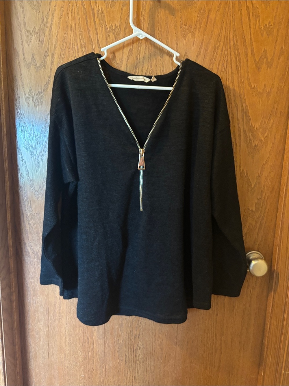 Black Zip-Front V-Neck Hoodie Sweater